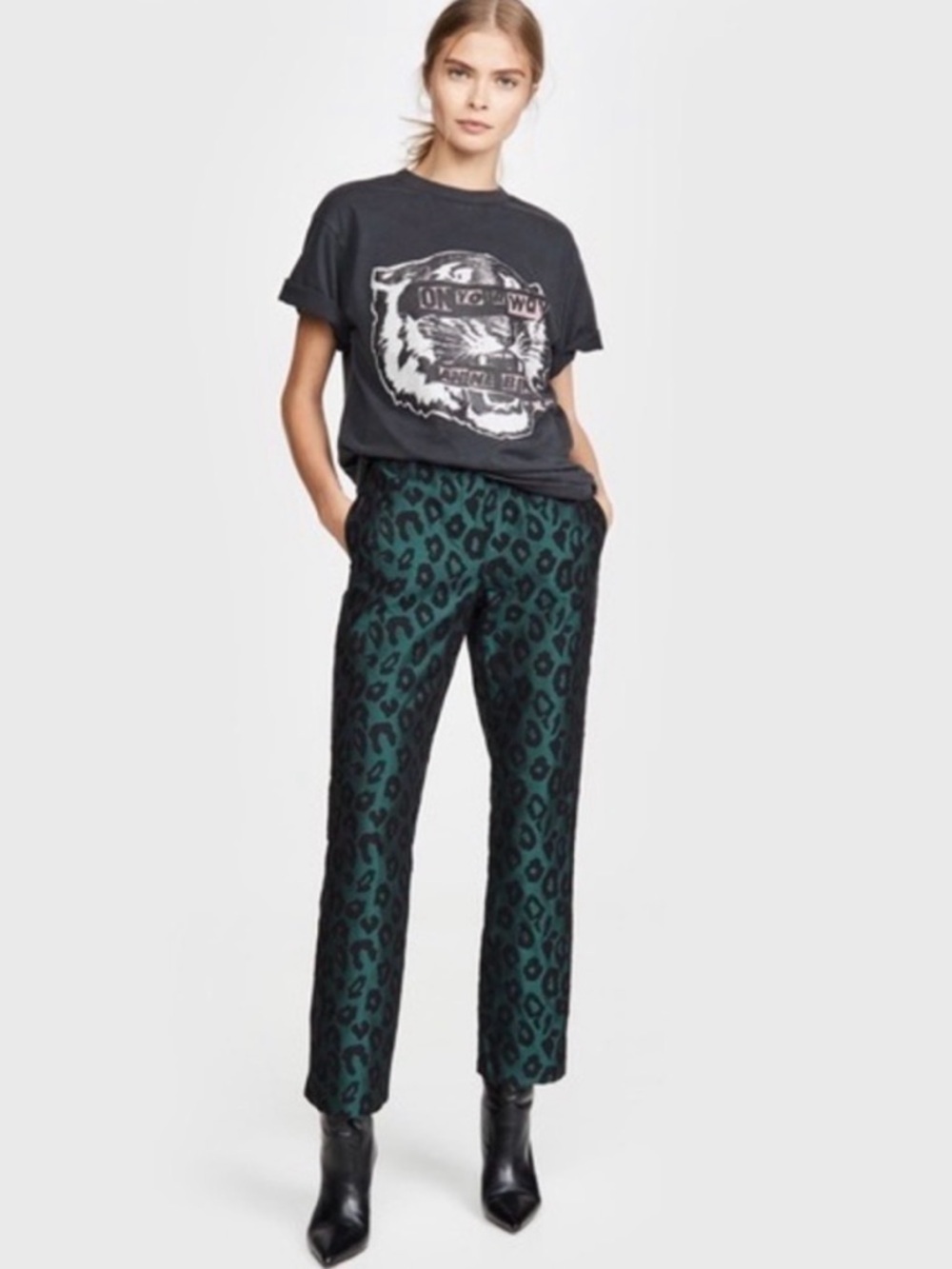 NWT Anine Bing Cindy Satin Leopard Animal Jacquard Flared Trousers — Size XS